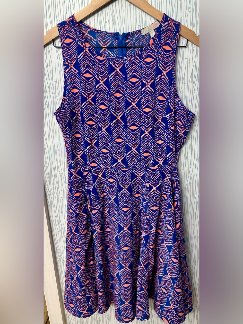Gianni Bini Fit & Flare Dress Medium Blue Coral Geometric Print Sleeveless Lined